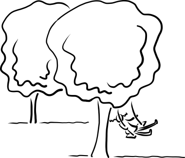 Tekening van twee bomen met een schommelend kind